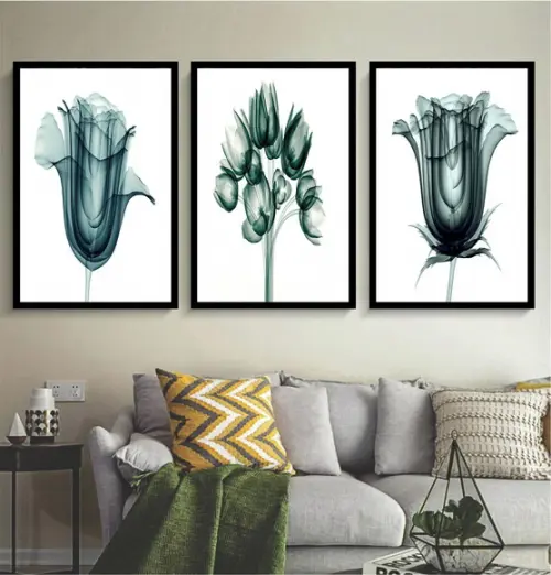Kit 3 Quadros Decorativos Flor Azul Moderno Sala Com Moldura