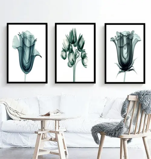 Kit 3 Quadros Decorativos Flor Azul Moderno Sala Com Moldura