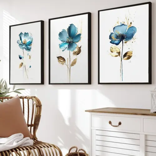 Kit 3 Quadros Decorativos Flor Azul para Sala com Moldura
