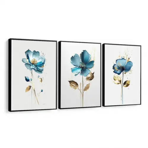 Kit 3 Quadros Decorativos Flor Azul para Sala com Moldura