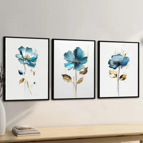 Kit 3 Quadros Decorativos Flor Azul para Sala com Moldura