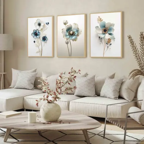 Kit 3 Quadros Decorativos Flor Azul Sala Moderna com Moldura