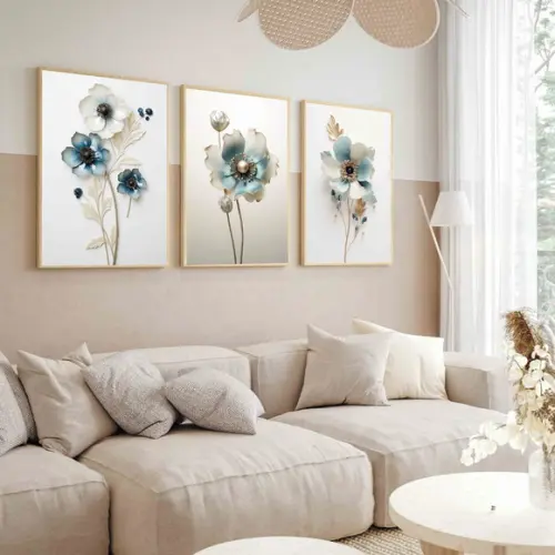 Kit 3 Quadros Decorativos Flor Azul Sala Moderna com Moldura