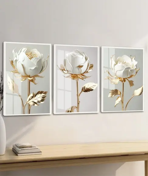 Kit 3 Quadros Decorativos Flor Branca Dourada Moldura Vidro