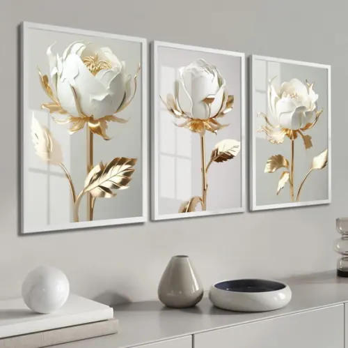 Kit 3 Quadros Decorativos Flor Branca Dourada Moldura Vidro
