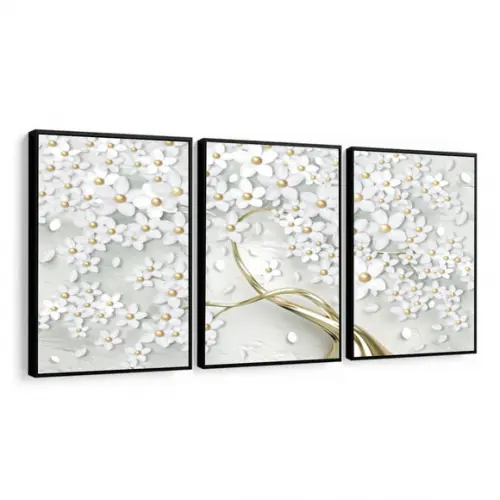 Kit 3 Quadros Decorativos Flor Cerejeira Dourada Com Moldura