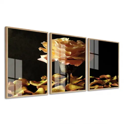 Kit 3 Quadros Decorativos Flor Amarela com Moldura e Vidro