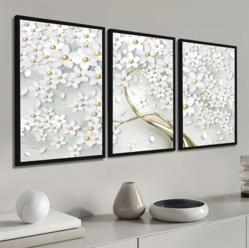 Kit 3 Quadros Decorativos Flor Cerejeira Dourada Com Moldura