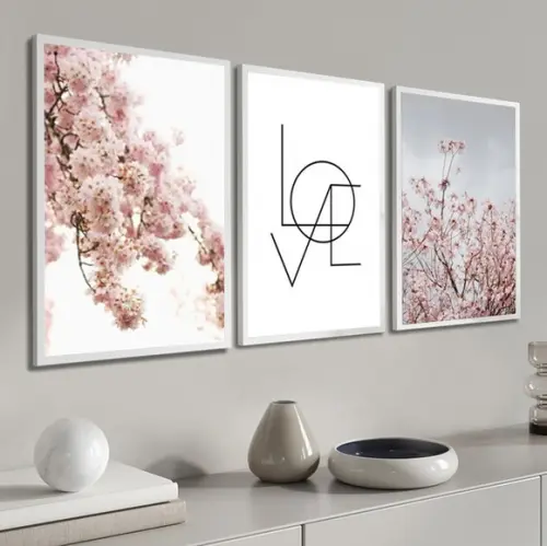 Kit 3 Quadros Decorativos Flor De Cerejeira Sala Com Moldura