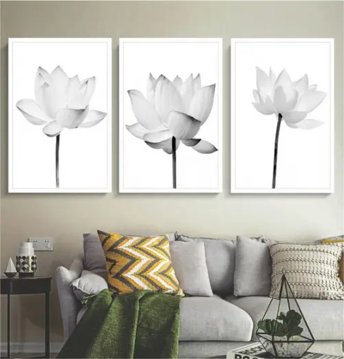 Kit 3 Quadros Decorativos Flor de Lotus para Sala Moldura