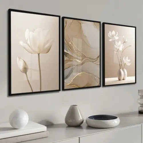 Kit 3 Quadros Decorativos Flores Abstrato Bege Boho Vidro