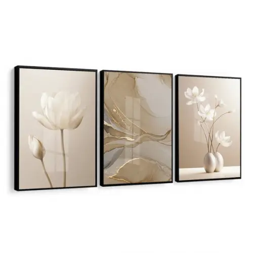 Kit 3 Quadros Decorativos Flores Abstrato Bege Boho Vidro