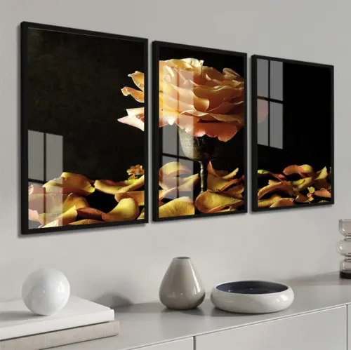 Kit 3 Quadros Decorativos Flores Amarela com Moldura e Vidro