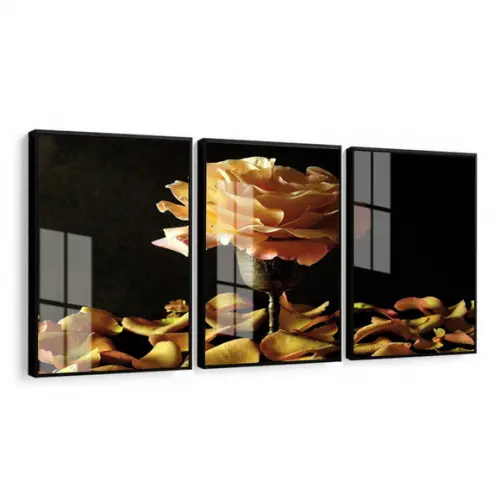 Kit 3 Quadros Decorativos Flores Amarela com Moldura e Vidro