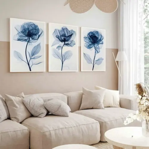 Kit 3 Quadros Decorativos Flores Azuis Sala Moderna Moldura