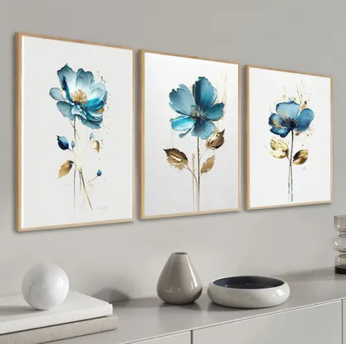 Kit 3 Quadros Decorativos Flores Azuis para Sala com Moldura