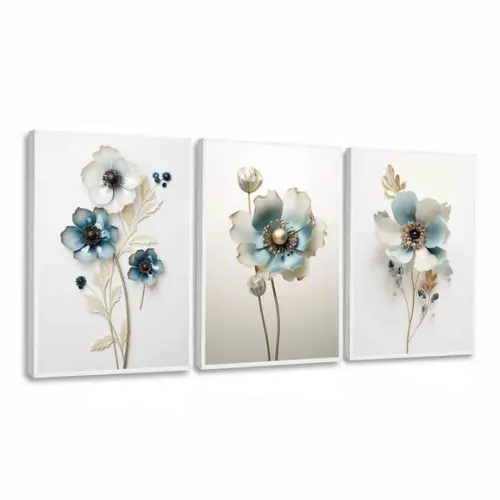 Kit 3 Quadros Decorativos Flores Azul Grande com Moldura