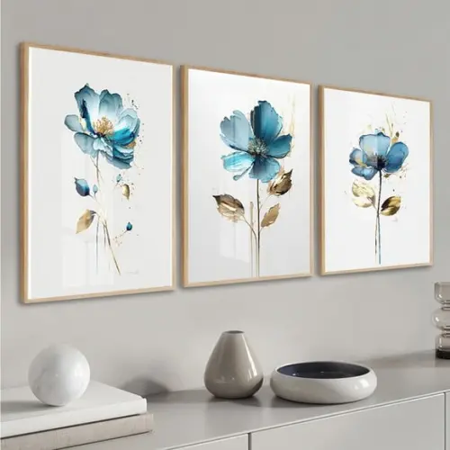 Kit 3 Quadros Decorativos Flores Azul com Moldura e Vidro