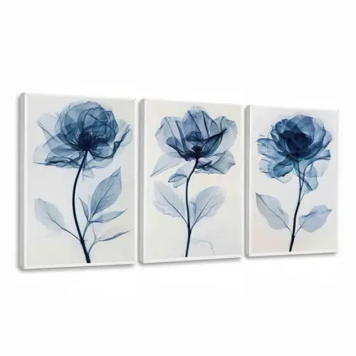 Kit 3 Quadros Decorativos Flores Azuis Sala Moderna Moldura