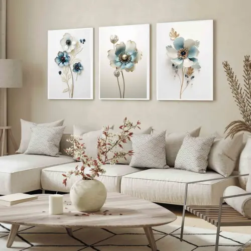 Kit 3 Quadros Decorativos Flores Azul Luxo Moderno Moldura