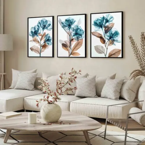 Kit 3 Quadros Decorativos Flores Azul Luxo Moderno Moldura