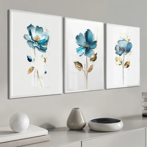 Kit 3 Quadros Decorativos Flores Azul Modernas Moldura Vidro