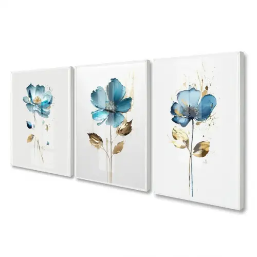 Kit 3 Quadros Decorativos Flores Azul Modernas Moldura Vidro