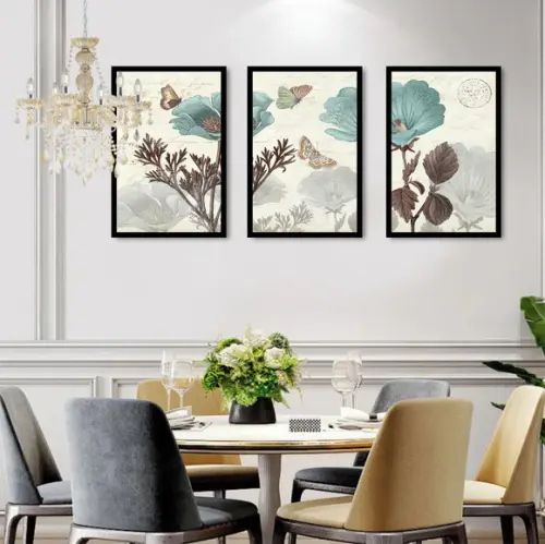 Kit 3 Quadros Decorativos Flores Azul Para Sala Casa Moldura