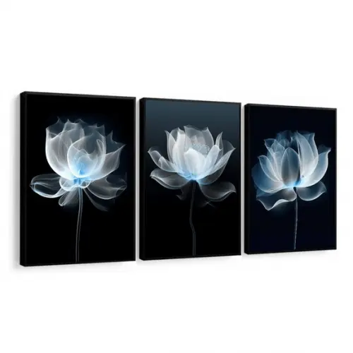 Kit 3 Quadros Decorativos Flores Azul para Sala com Moldura