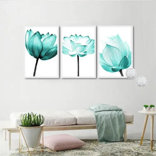 Kit 3 Quadros Decorativos Flores Azul Para Sala Com Moldura