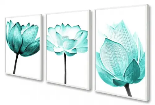 Kit 3 Quadros Decorativos Flores Azul Para Sala Com Moldura