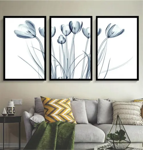 Kit 3 Quadros Decorativos Flores Azul Para Sala Com Moldura