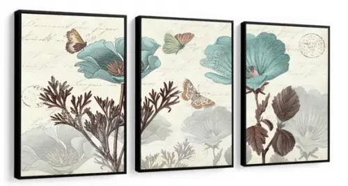 Kit 3 Quadros Decorativos Flores Azul Para Sala Com Molduras