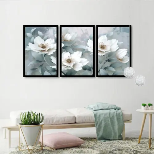 Kit 3 Quadros Decorativos Flores Azul Para Sala Hall Moldura