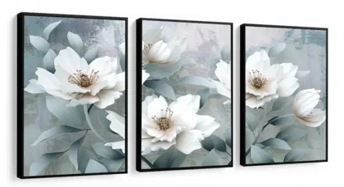 Kit 3 Quadros Decorativos Flores Azul Para Sala Hall Moldura