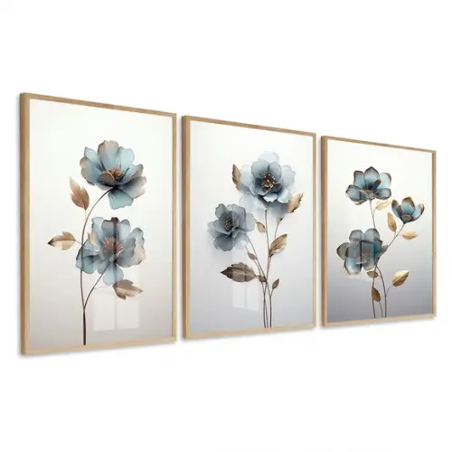 Kit 3 Quadros Decorativos Flores Azul Sala com Moldura Vidro