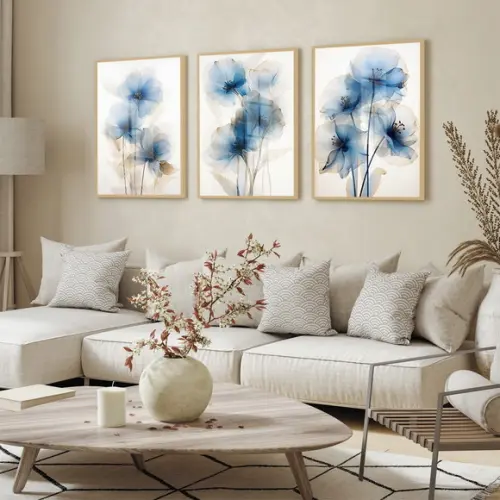 Kit 3 Quadros Decorativos Flores Azul Sala Hall Luxo Vidro