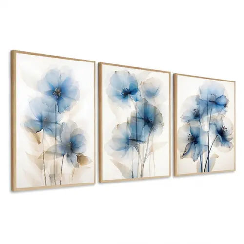 Kit 3 Quadros Decorativos Flores Azul Sala Hall Luxo Vidro