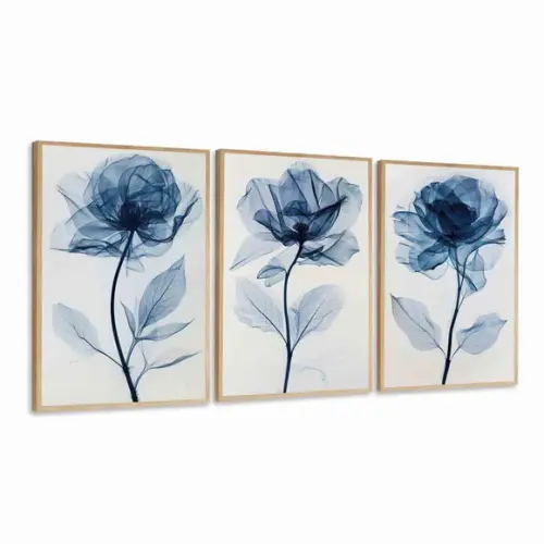 Kit 3 Quadros Decorativos Flores Azul Sala Moderna Moldura
