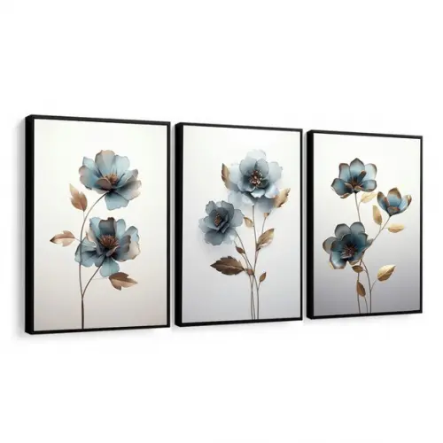 Kit 3 Quadros Decorativos Flores Azul Sala Moderno com Vidro