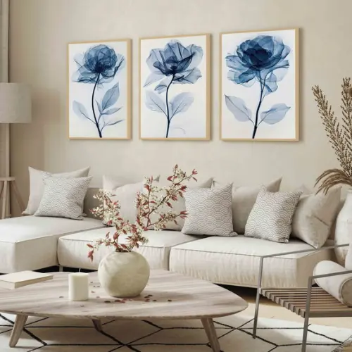 Kit 3 Quadros Decorativos Flores Azul Sala Moderna Moldura
