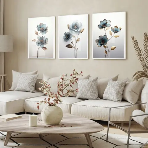 Kit 3 Quadros Decorativos Flores Azul Sala Moldura e Vidro