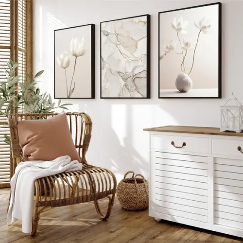 Kit 3 Quadros Decorativos Flores Bege Abstrato Boho Moldura