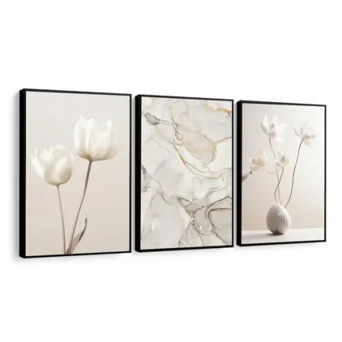 Kit 3 Quadros Decorativos Flores Bege Abstrato Boho Moldura