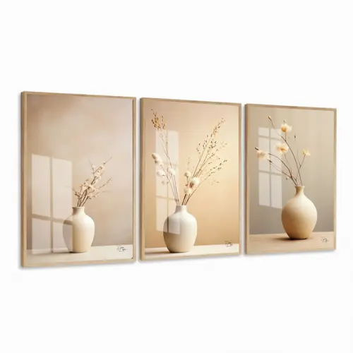 Kit 3 Quadros Decorativos Flores Bege Boho Moldura e Vidro