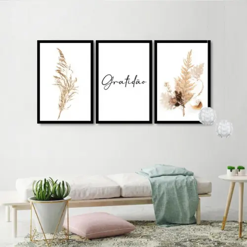 Kit 3 Quadros Decorativos Flores Bege Gratidão Sala Molduras