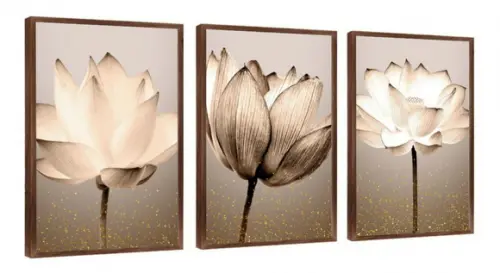 Kit 3 Quadros Decorativos Flores Bege Grande Moldura e Vidro