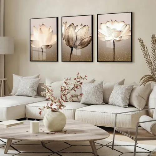 Kit 3 Quadros Decorativos Flores Bege Moderna Boho com Vidro