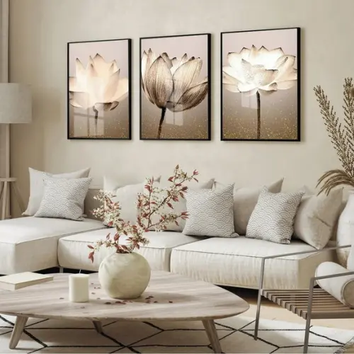 Kit 3 Quadros Decorativos Flores Bege Moderna Boho com Vidro
