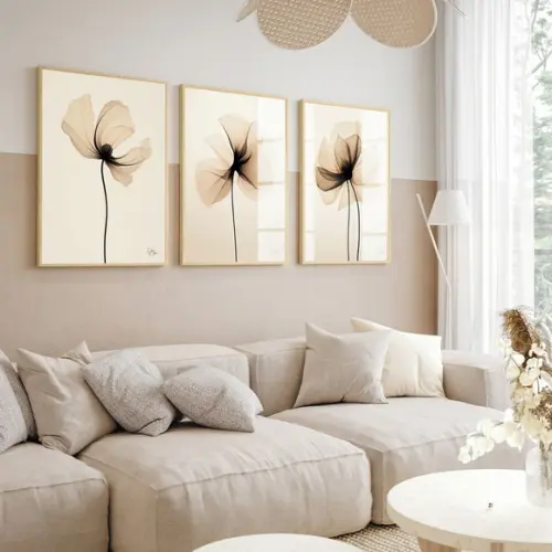 Kit 3 Quadros Decorativos Flores Bege Moderna Luxo com Vidro